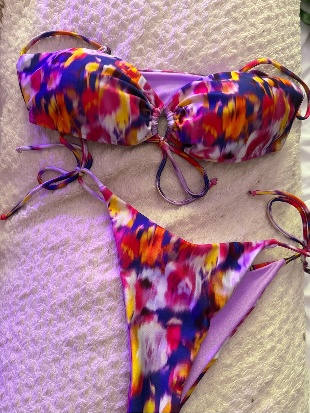 Multicolor Tie-Dye Bandeau Bikini Set - Vibrant Purple & Pink